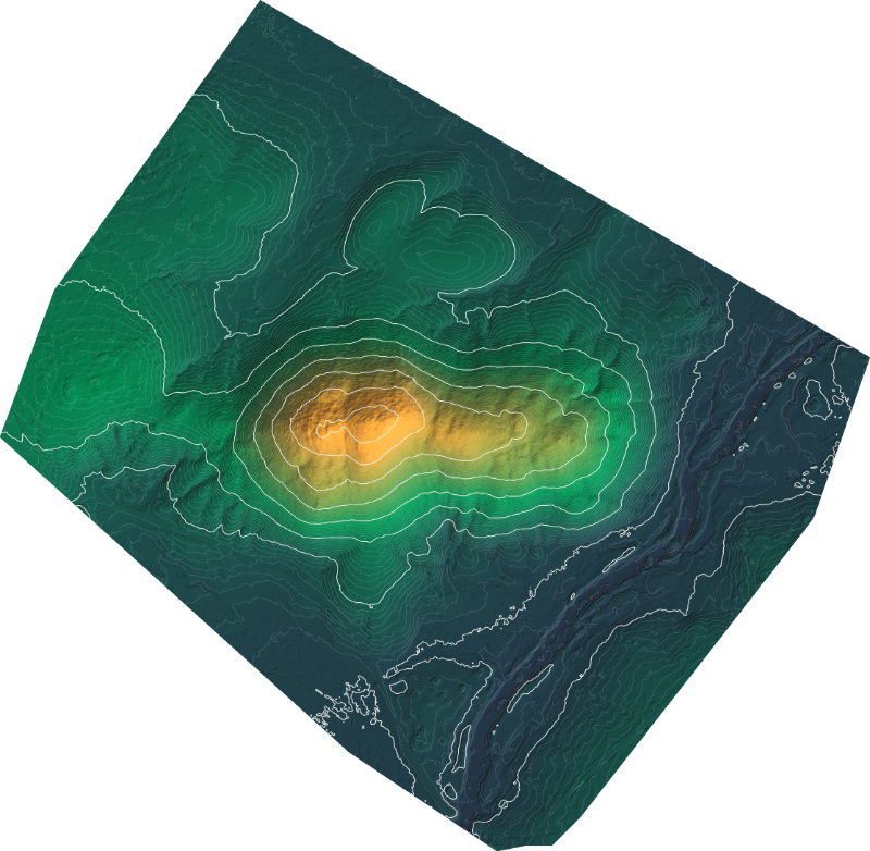 Planta de um modelo digital do terreno colorido pela altitude, com curvas de nível brancas a cada 10 metros e linhas finas a cada metro