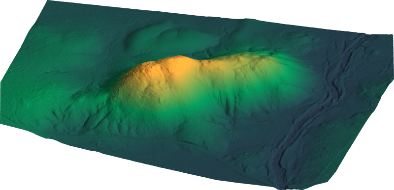 Modelo digital do terreno de um morro em três dimensões, sombreado e colorido pela altitude do azul-petróleo ao mostarda, sem nenhuma vegetação